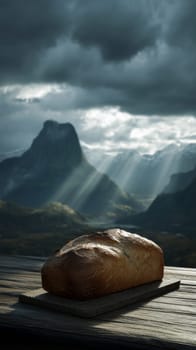 Loaf of bread on wooden table with dramatic mountain backdrop and sun rays.