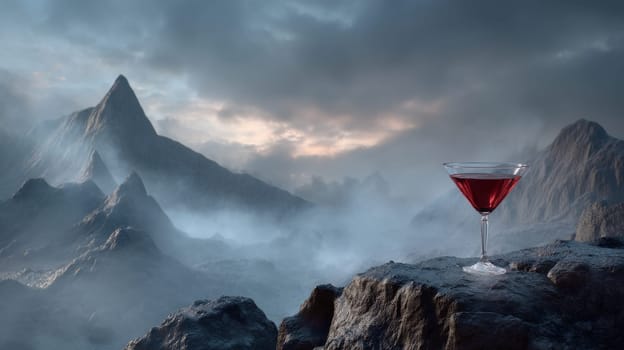 Martini glass with red drink on rocky mountain landscape at dawn.