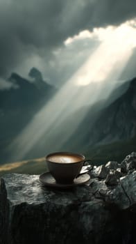 Coffee cup on rocky ledge under dramatic skies and sunbeams in mountains.