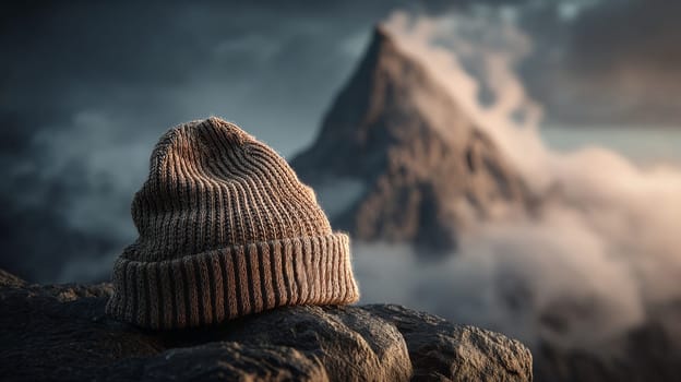 Brown knit hat on mountain rock against foggy peak in moody evening light.