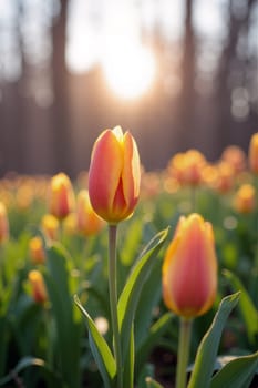 Tulips bloom vibrantly in a garden at sunrise, surrounded by lush green leaves, capturing the beauty of spring in a serene setting - Generative AI.