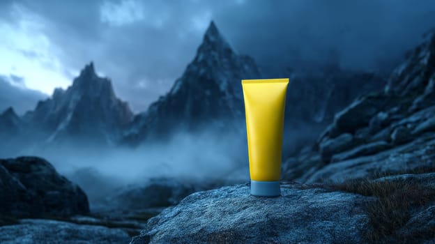 Yellow cream tube on rock with misty mountains in background, surreal landscape photo.