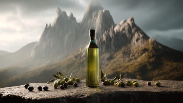 Bottle of olive oil on stone table with mountain landscape in background.