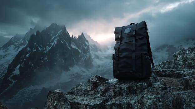 Backpack on rocky mountain under dramatic cloudy sky, travel adventure concept.