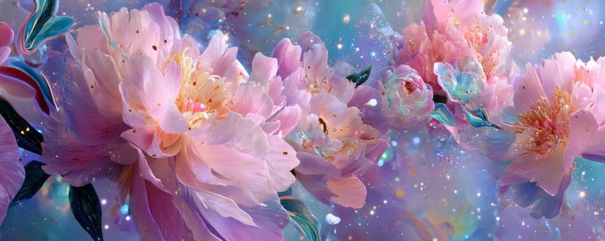 Vivid pastel blossoms in colorful abstract cosmic scene, floral digital art.