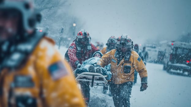 Emergency responders evacuating a victim on a stretcher in a severe snowstorm. Powerful depiction of teamwork, urgency, and bravery during a winter disaster in an urban environment