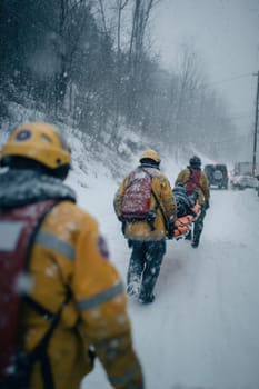 A team of emergency rescuers carries an injured person on a stretcher through a snow-covered rural forest road. Captures teamwork, survival, and response to extreme winter emergencies