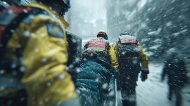 Rescue workers wearing bright safety gear evacuate a bundled victim on a stretcher through a blizzard. Ideal for illustrating extreme weather response, emergency teamwork, and urban winter crises