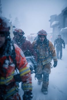Emergency responders carry a person to safety during a heavy snowstorm in an urban area. A dramatic and emotional moment reflecting heroism, teamwork, and real-time winter rescue operations