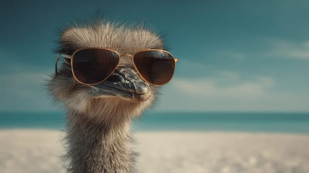 Ostrich wearing sunglasses on a sunny beach with a clear blue sky.
