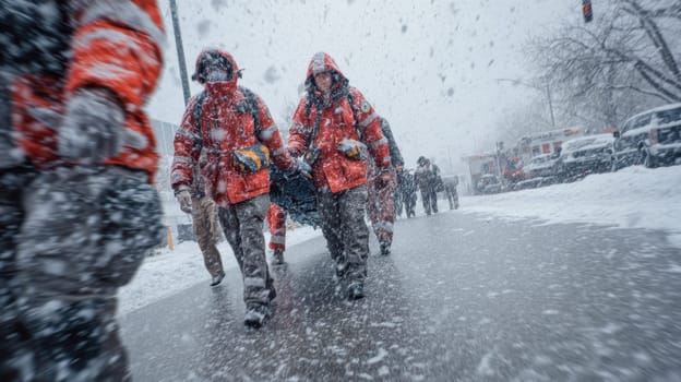 Rescue workers evacuate a victim on a stretcher during an intense snowstorm in an urban setting. Strong visual for depicting teamwork, emergency response, and harsh winter survival efforts