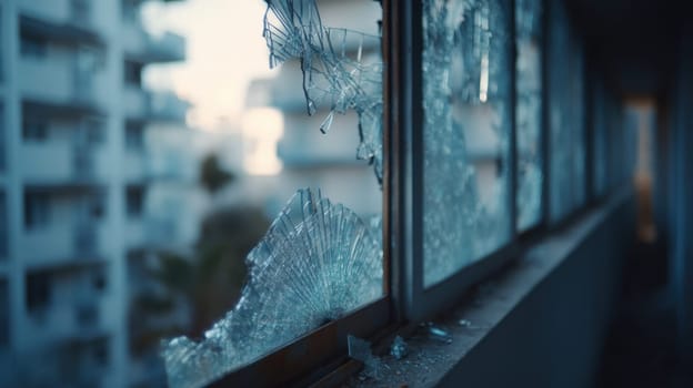 Shattered glass in a broken hallway window of an abandoned building with urban towers in the background. A powerful image for storytelling about crisis, decay, vandalism, or urban isolation