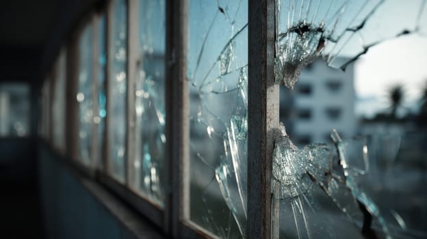 Shattered glass in a broken window of an abandoned building with a blurred city in the background. A detailed and dramatic image for themes of damage, conflict, or urban decay