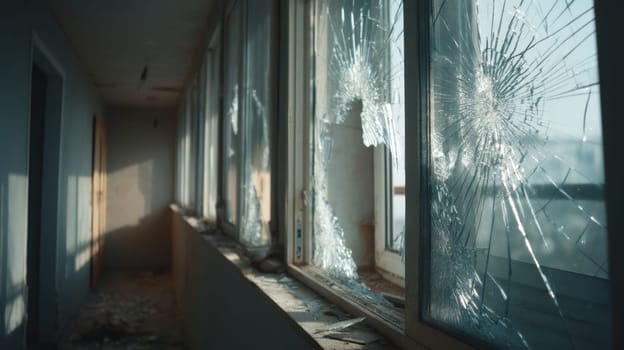 Broken hallway windows in a decaying building lit by daylight. Ideal for dramatic scenes, urban exploration visuals, and storytelling about destruction, abandonment, or neglect