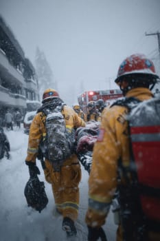 Emergency responders carry an injured person on a stretcher during a blizzard in an urban setting. The image conveys urgency, teamwork, and resilience in harsh winter weather