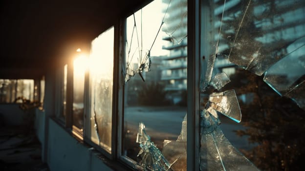 Broken windows in a deserted building glowing with golden sunlight. Suitable for cinematic scenes, urban decay concepts, and visuals of destruction, silence, or loneliness