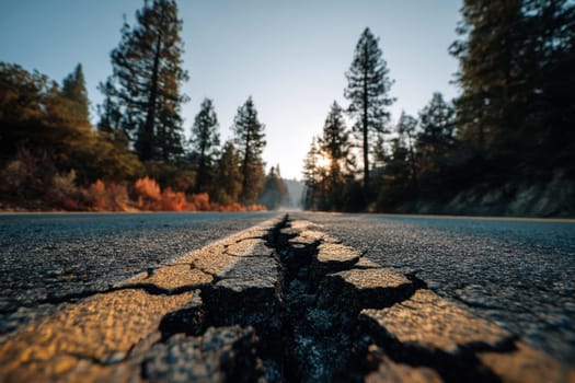 Cracked asphalt road cutting through a pine forest at golden hour. Great for concepts of infrastructure collapse, natural erosion, or metaphorical journeys through uncertainty and damage