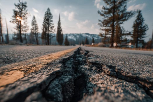 Cracked asphalt road in the forest with warm sunset tones. Ideal for themes of infrastructure damage, earthquakes, decay, environmental hazards, or symbolic imagery of paths and challenges