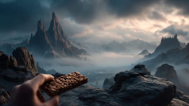 Hand holding granola bar in misty mountain landscape, concept of adventure snack.
