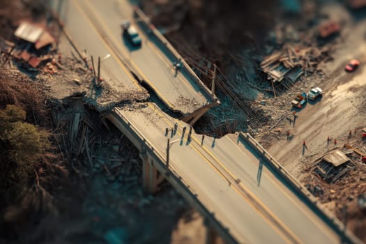 Aerial view of a collapsed concrete bridge with responders and rubble below. Perfect for themes about infrastructure failure, engineering disasters, rescue operations, or construction hazards