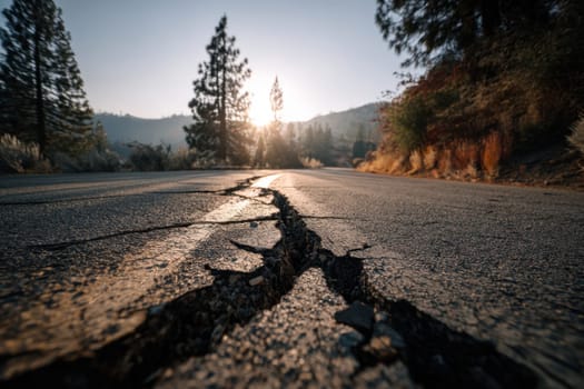 Cracked asphalt road in a forested mountain area with golden morning sunlight. Ideal for illustrating rural decay, earthquake aftermath, climate themes, or infrastructure damage