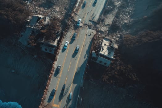 Aerial photo of a damaged coastal bridge with vehicles navigating through destruction and debris Ideal for illustrating earthquake impact, civil engineering failures, or emergency evacuation scenarios