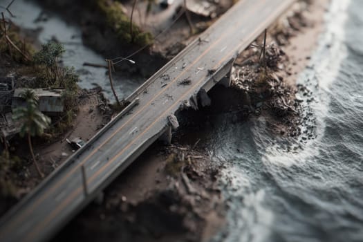 Aerial view of a highway bridge severely damaged over a coastal river. Ideal for illustrating infrastructure collapse, storm aftermath, climate disasters, or engineering case studies