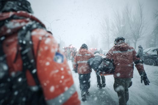 Rescue workers evacuate an injured person in a blizzard using a stretcher. Captures urgency and teamwork during winter emergencies and natural disasters. Ideal for crisis and survival visuals