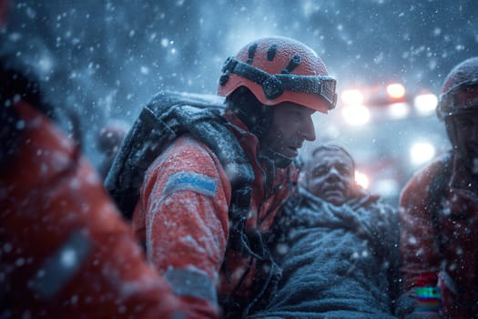 Rescue team evacuating an injured man in severe snowfall during an emergency. Ideal for visuals on disaster relief, emergency response, survival conditions, and extreme winter environments