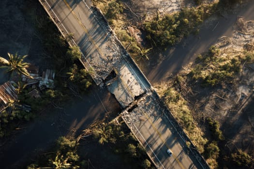 Aerial view of a collapsed bridge over a muddy riverbed with scattered vegetation and debris. Perfect for illustrating disaster response infrastructure damage, flood aftermath, and emergency scenarios