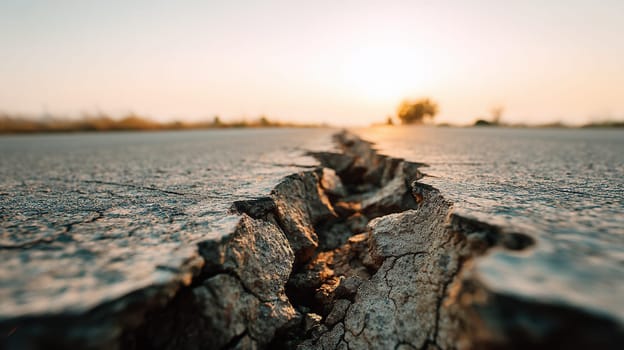 A cracked asphalt road under the golden sunset light, showing deep surface fractures. Great for themes on natural disasters, earthquake aftermath, and infrastructure vulnerability