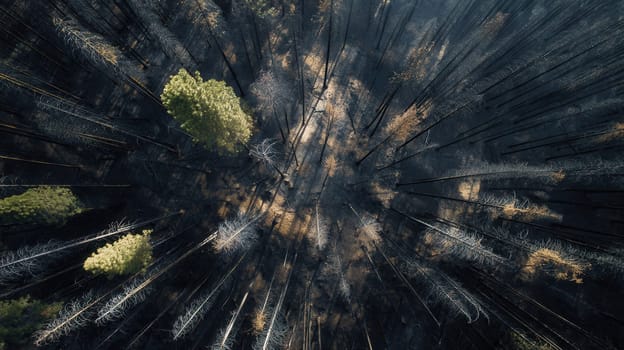 Aerial perspective of a charred forest after wildfire with a few green trees still standing. Great for topics like climate change, nature recovery, and environmental impact visuals