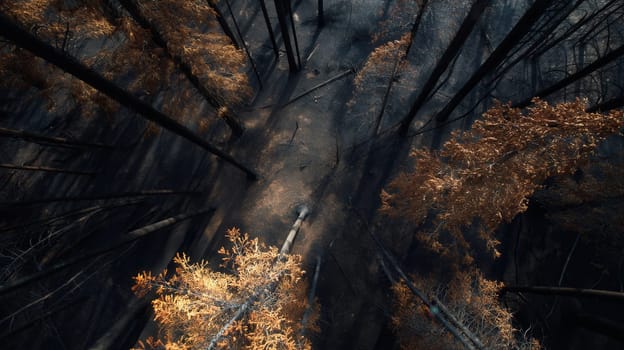 A powerful drone image showing orange treetops in a burnt forest, with ash-covered soil and dramatic shadows. Great for topics on fire aftermath, survival, and environmental change