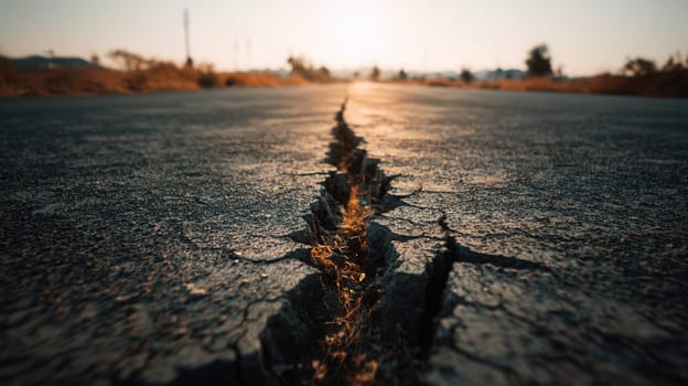 A fractured asphalt road captured in warm morning light with a deep crack running down the center. Great for visuals on seismic events, climate impact, and urban decay concepts