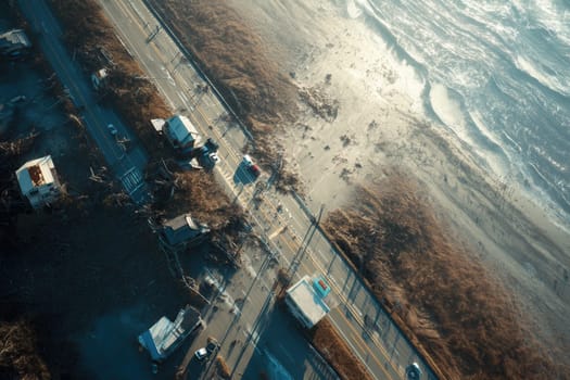 Aerial drone image of a coastal zone severely damaged by a tsunami. Flooded roads, scattered debris, and destroyed structures highlight the force of natural disasters and emergency response needs