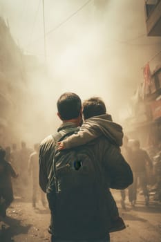 A father holds his young child on his back, walking through a smoky urban street filled with chaos. This emotional scene depicts human resilience, survival, and protection in a disaster