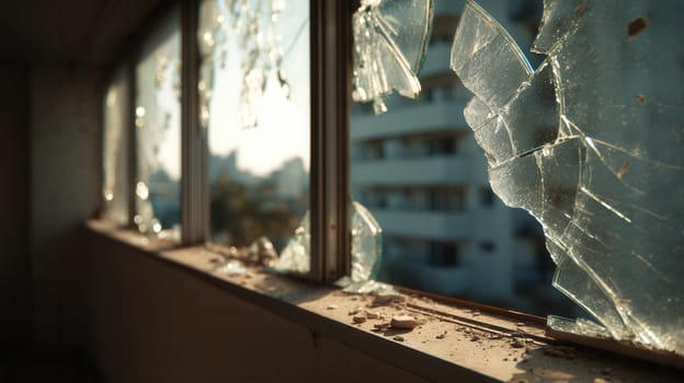 Shattered window glass in a damaged city building lit by evening sun. Symbolic of urban destruction, post-disaster scenes, or social decay. Great for dramatic and crisis-related visuals