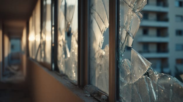Urban hallway with broken glass windows illuminated by cool natural light. Perfect for dramatic scenes, crisis visuals, or symbolic concepts of damage and abandonment