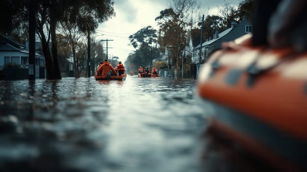 Rescue teams evacuating residents using inflatable boats during a severe urban flood. Perfect for content on natural disasters, climate change, rescue efforts, and emergency response