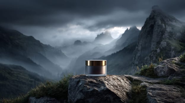 Cosmetic jar on rocky mountain at dusk under dramatic cloudy sky.