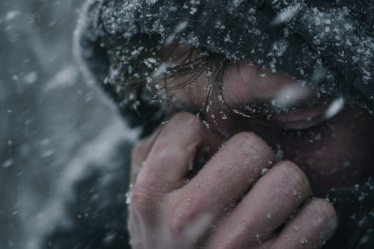 A man covering his face in freezing snow and wind, captured in a dramatic close-up. Ideal for illustrating extreme winter weather, survival, and emotional resilience