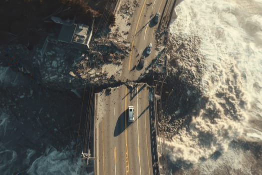 Aerial image of a collapsed highway over crashing ocean waves. Broken infrastructure, stranded vehicles, and debris reflect the power of natural disasters and the vulnerability of coastal regions