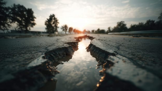 A close-up view of a cracked asphalt road filled with floodwater during sunset. Ideal for illustrating environmental disasters, climate change impact, road damage, and emergency themes