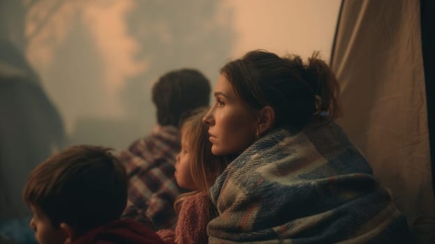 A family sits in a smoky tent, wrapped in blankets and waiting in silence. Perfect for illustrating evacuation scenes, emotional tension, natural disasters, and human resilience