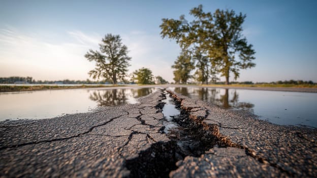 Ground-level view of a cracked rural road filled with floodwater under a blue sky. Ideal for illustrating infrastructure damage, natural disasters, climate impact, and emergency response themes