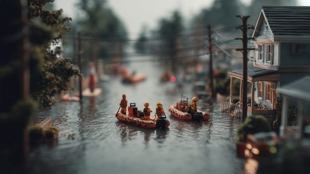 Miniature figurines in rescue boats responding to a flood in a detailed diorama setting. Perfect for educational content, simulations, emergency response themes, and storytelling visuals