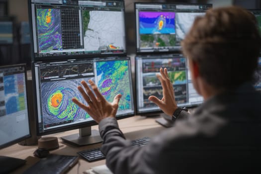 A meteorologist raises his hands while analyzing intense hurricane activity on multiple data screens in a monitoring room Perfect for illustrating climate science, storm forecasting and emergency planning