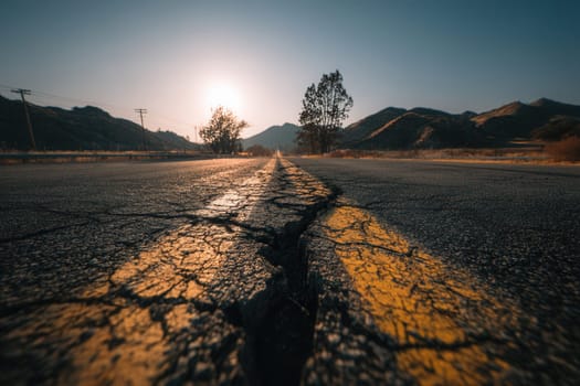A cracked rural highway stretches into the sunset through dry mountain terrain. Perfect for themes of natural disasters, earthquakes, infrastructure damage, and road trip visuals