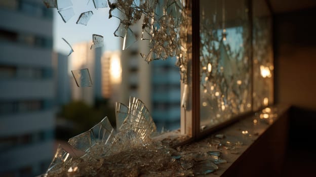 Shattered window glass flying through the air in warm urban sunset light. Perfect for dramatic scenes, disaster visuals, crisis storytelling, or symbolic themes of chaos and fragility