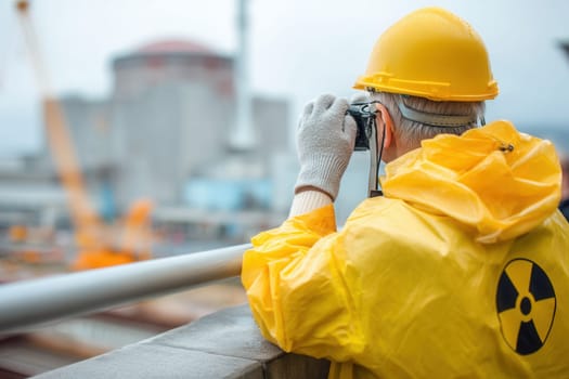 A worker in a yellow protective suit and helmet, inspecting the nuclear facility with binoculars. The image conveys the importance of safety, observation, and monitoring in industrial environments